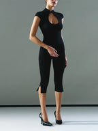 Button Cutout Turtleneck Top For Women Fitted Short Sleeve Knit With Stand Collar