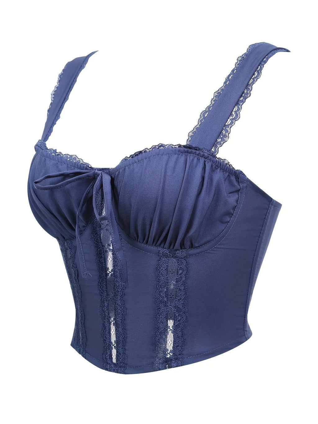 Royal Blue Lace Trim Corset Top With Steel Boning And Bow Shaped Double Shoulder Straps