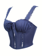 Royal Blue Lace Trim Corset Top With Steel Boning And Bow Shaped Double Shoulder Straps
