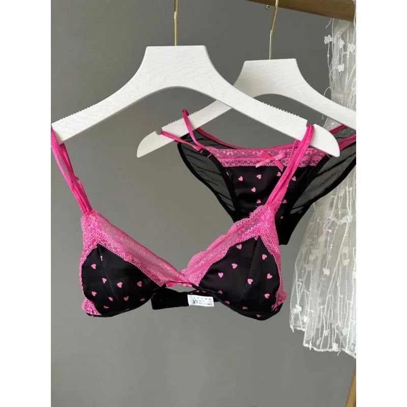 French Style Satin Lace Lingerie Set With Triangle Cups Wireless Soft Fabric Daily Wear