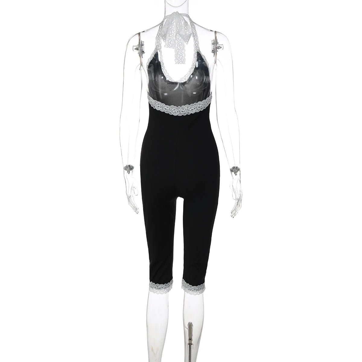 Women Sexy Backless Lace Ruffles Patchwork Halter Jumpsuit