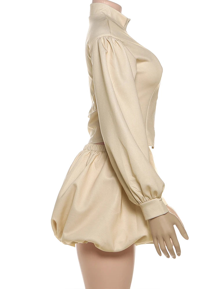 Stripe Zipper Cardigan And Ruched Mini Skirt Set