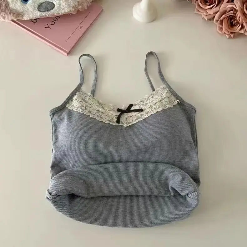 Lace Patchwork Corset Cami Featuring Bow And Chest Pad