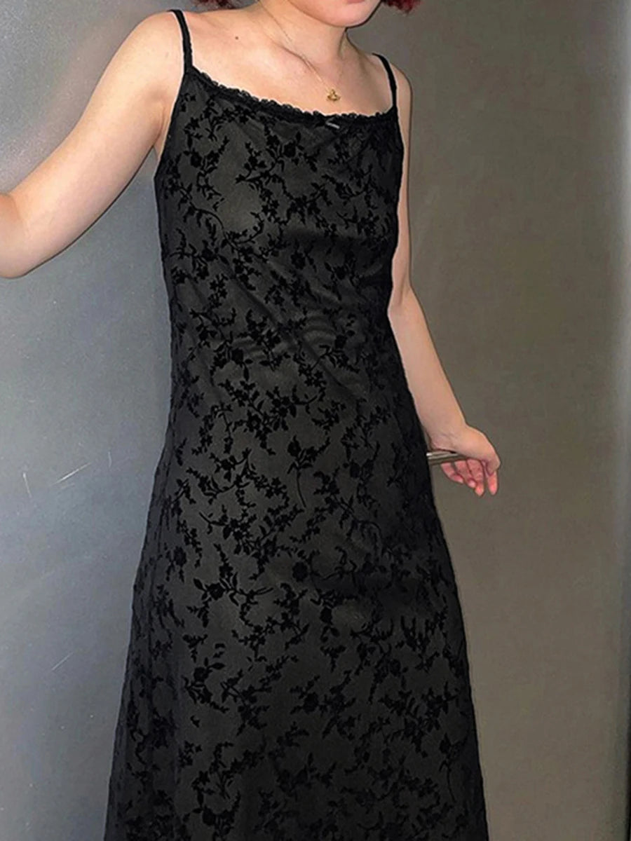 Floral Lace Trim Cami Maxi Dress Elegant Sleeveless Silhouette