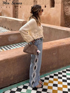 Side Hollow Out High Waist Jeans With Straight Leg Denim