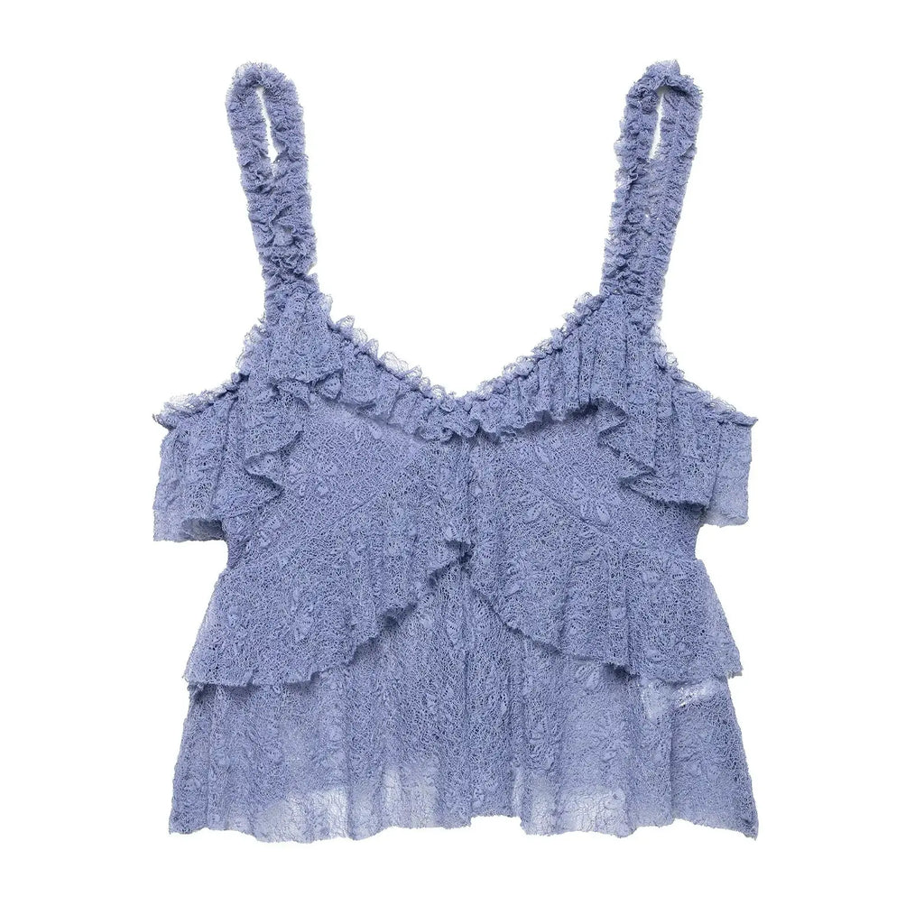 Pleated Ruffles Skirt & Lace Crochet Sling Camis Tank V Neck Top Set