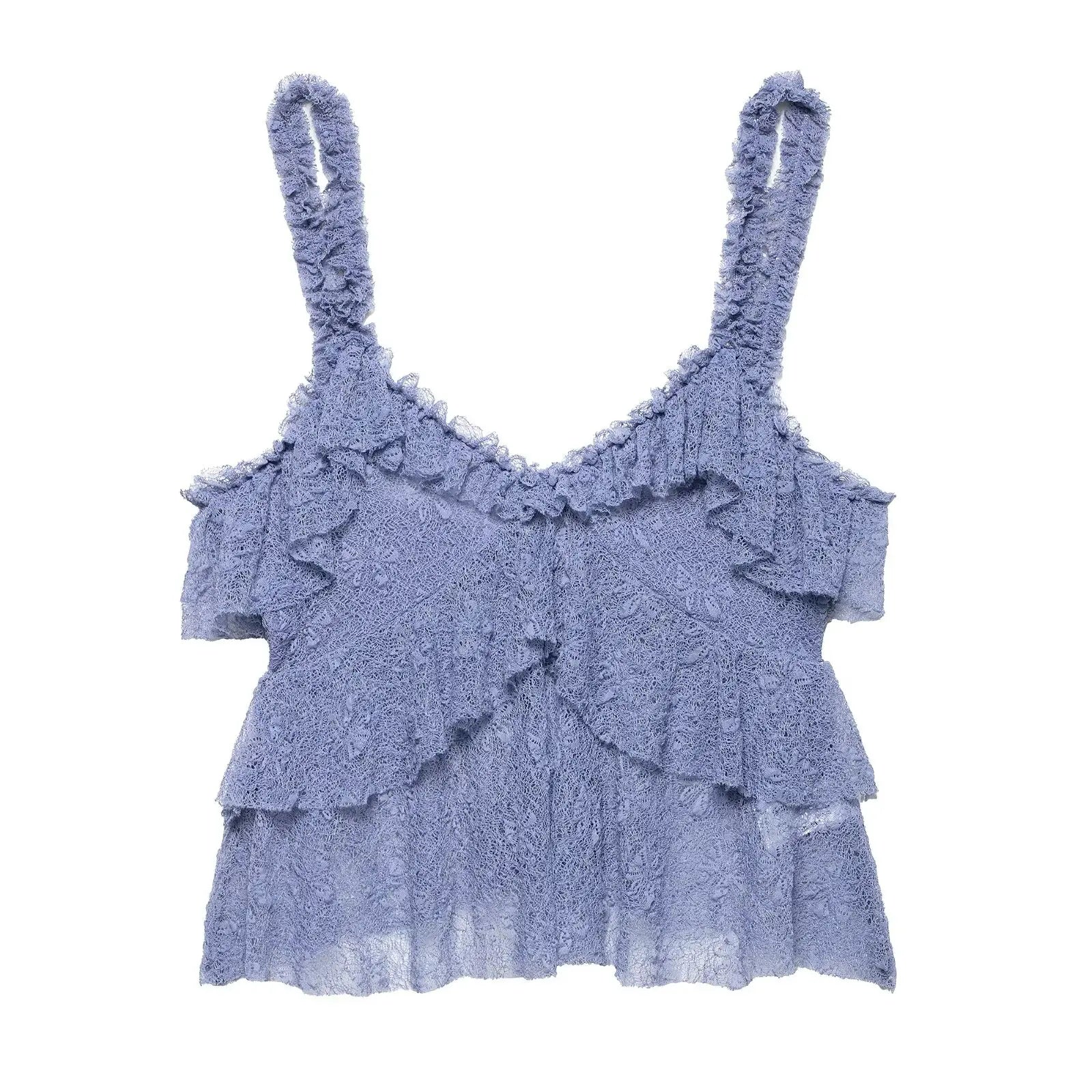 Pleated Ruffles Skirt & Lace Crochet Sling Camis Tank V Neck Top Set