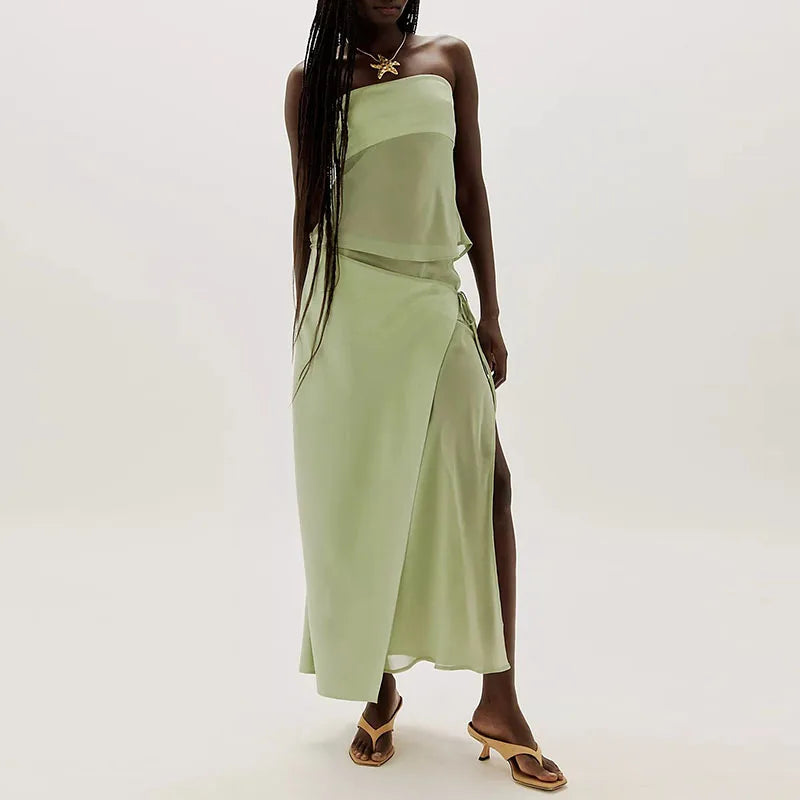 Strapless Hollow Out Top And Long Skirt Two Piece Set