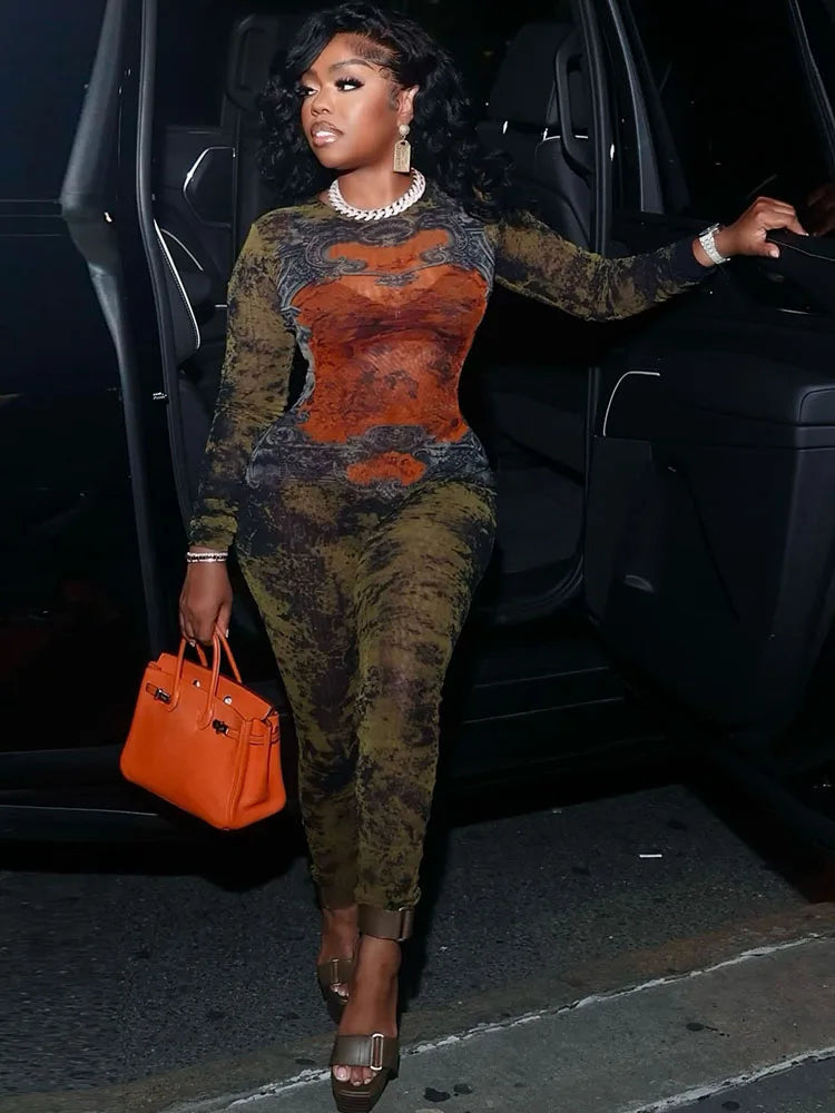 Tie Dye Jumpsuit With O Neck Zip Front Slim Streetwear Overalls