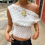 One Shoulder Crop Top With Sheer Polka Dots and Ruched