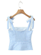 Women New Fashion Sweet Plaid Chic Lace Patchwork French Square Collar Backless Top