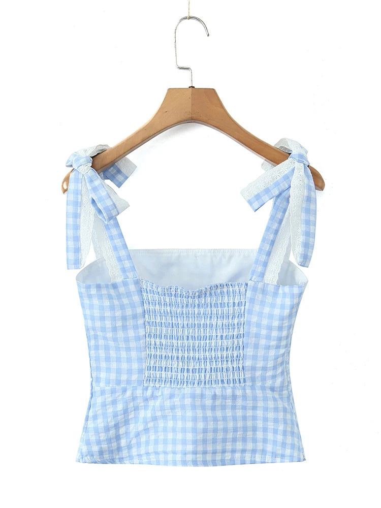 Women New Fashion Sweet Plaid Chic Lace Patchwork French Square Collar Backless Top