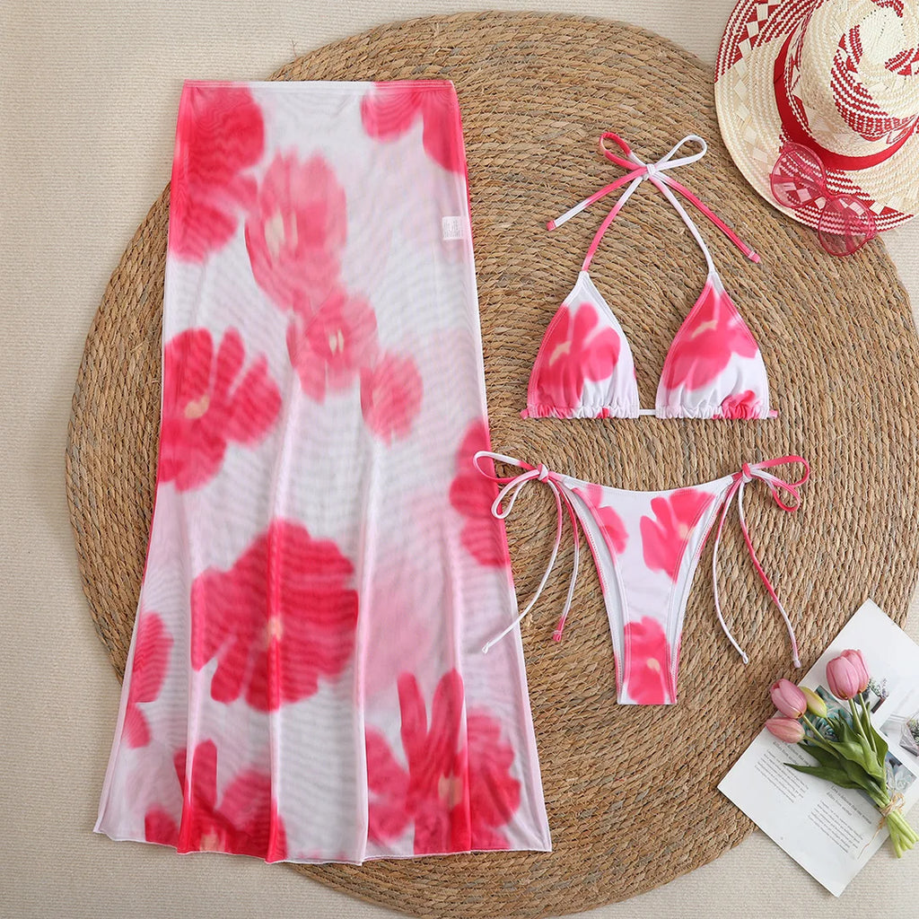 Flowers Printed With Skirt Halter Bikini Three-pieces Bikini set