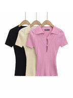 Knit Turn Down Collar Pullover For Women Slim Stretch Short Sleeve Top