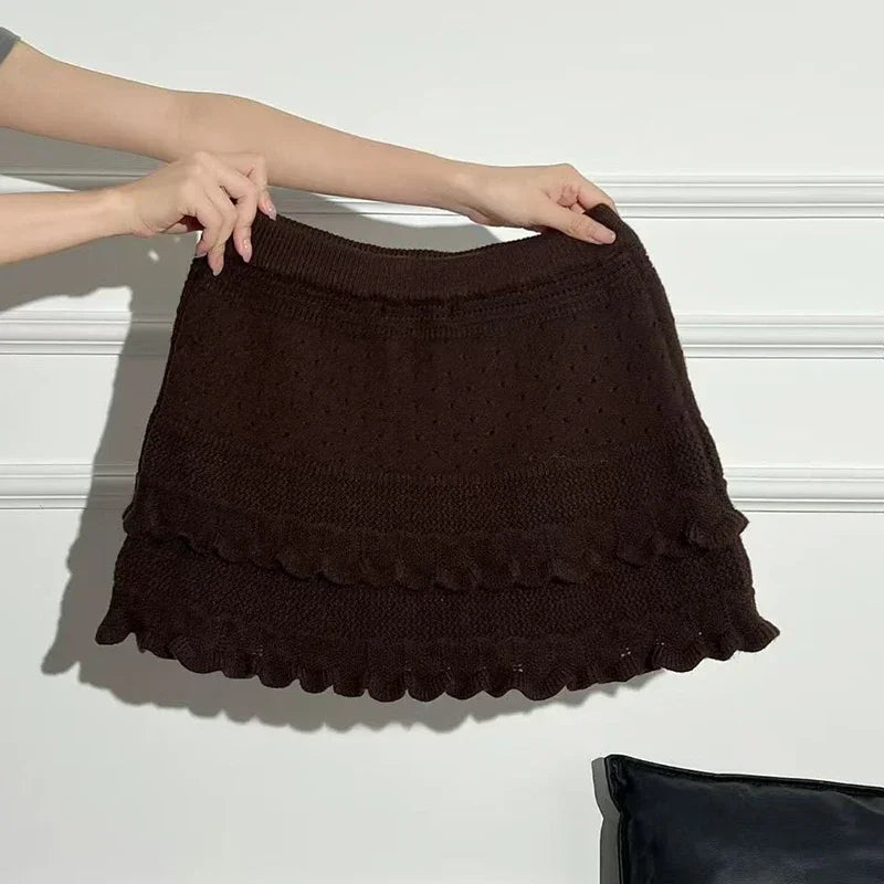Patchwork Knit Mini Skirt With High Waist Ruffle And Hollow Out Details