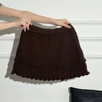 Patchwork Knit Mini Skirt With High Waist Ruffle And Hollow Out Details