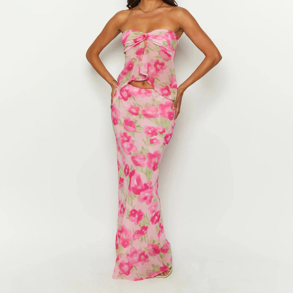 Off Shoulder Two Piece Tube Top And Layered Ruffle Maxi Skirt Set