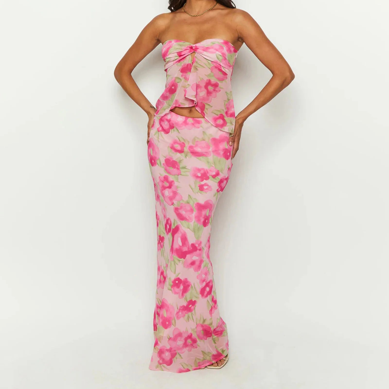 Off Shoulder Two Piece Tube Top And Layered Ruffle Maxi Skirt Set