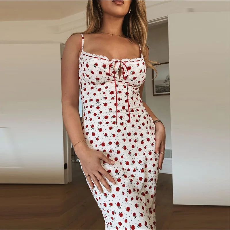 Floral Spaghetti Strap Maxi Dress With Lace Trim And Lace Up Detail