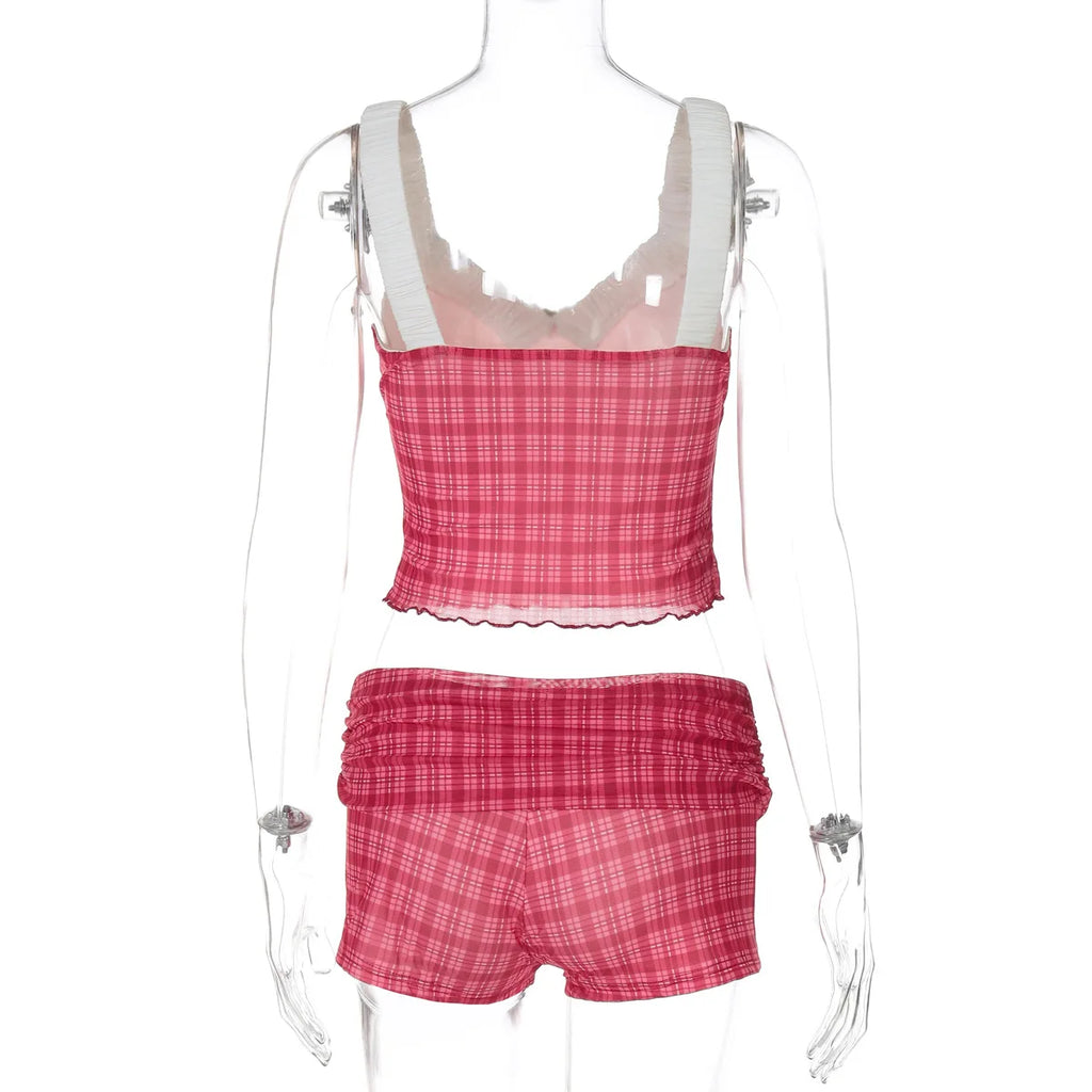 Coquette Plaid Set With Ruffle Trim Crop Top High Waist Shorts