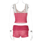 Coquette Plaid Set With Ruffle Trim Crop Top High Waist Shorts
