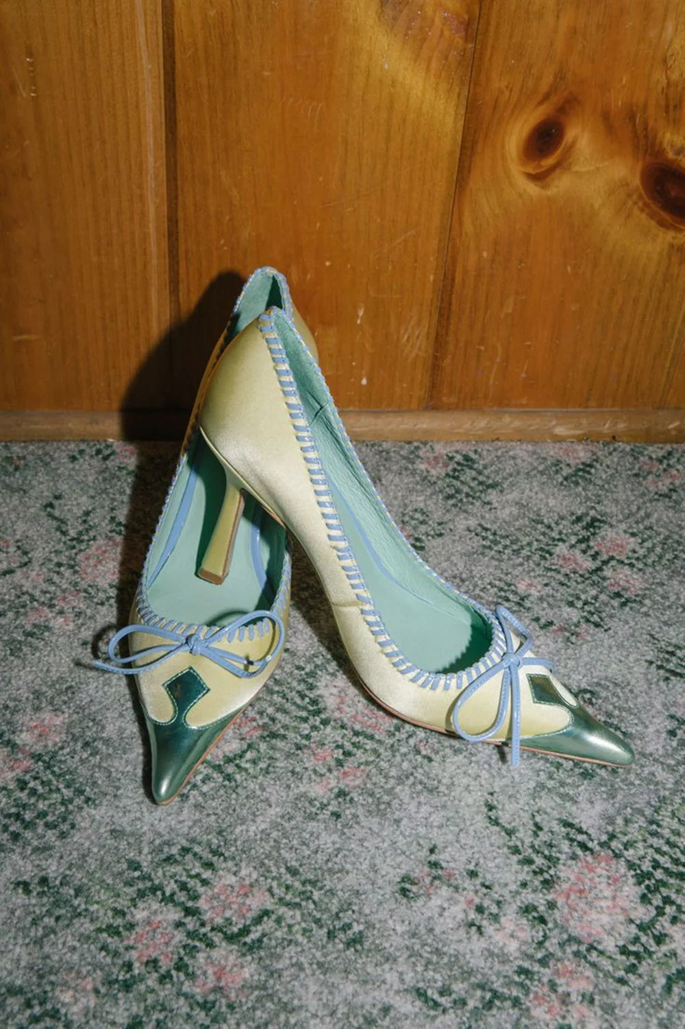 Retro Pink Satin Pointed Toe Pumps With Gold Toe Cap And Yellow Bow Accent Playful Low Heel