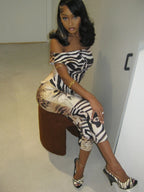 Leopard Print Two Piece Set For Women Slash Neck Backless Top And Hip Crop Pants