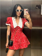 Romantic Red Floral Peter Pan Collar Dress With Puff Sleeves V Neck Button Front A Line Mini