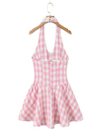 Sweet Plaid Sleeveless Backless Vintage Mini Dress With Halter Neck Slim