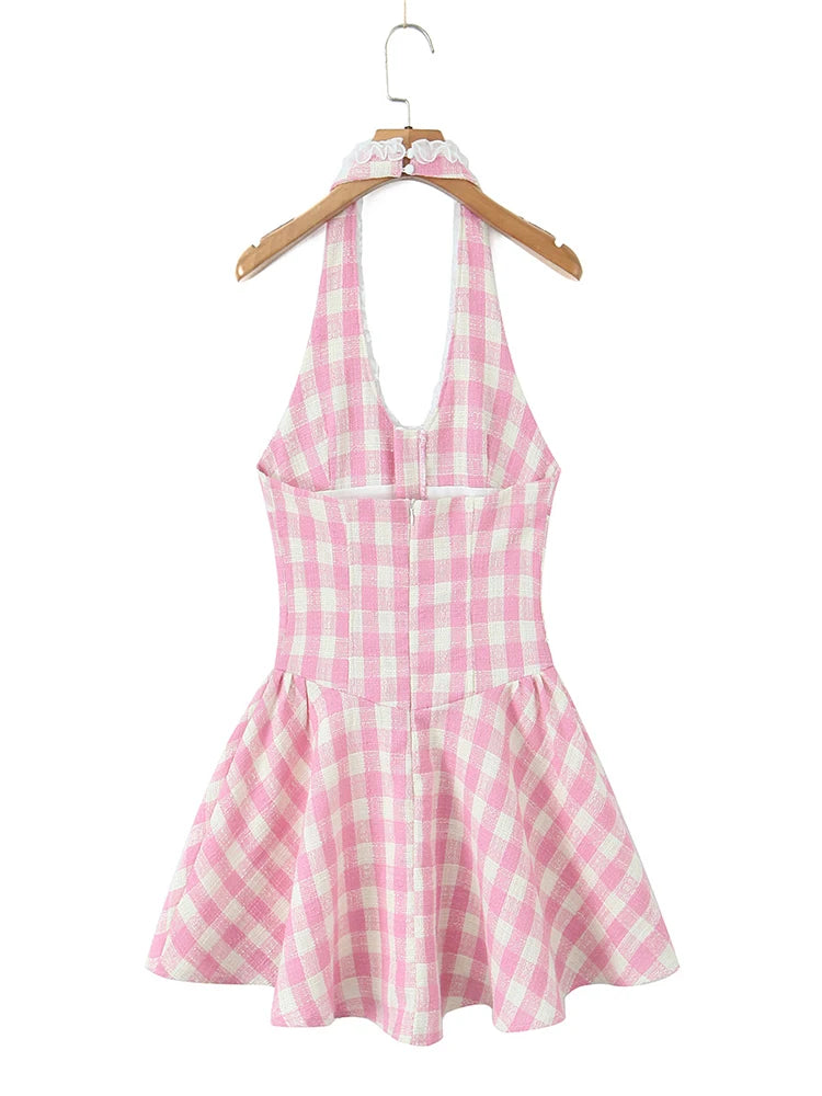 Sweet Plaid Sleeveless Backless Vintage Mini Dress With Halter Neck Slim