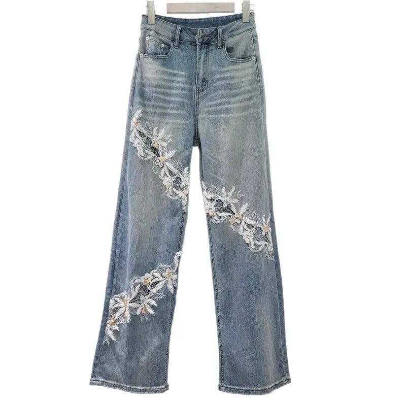 Whimsical Floral Patchwork Lace Denim Jeans With High Waist And Elegant Hollow Out Details