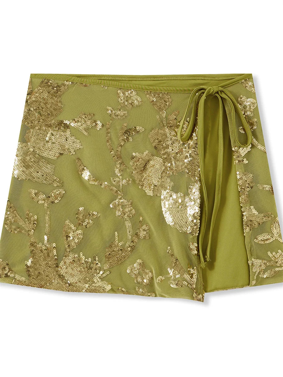 Gleaming Sequin Mini Skirt With Side Tie Low Rise Sparkly