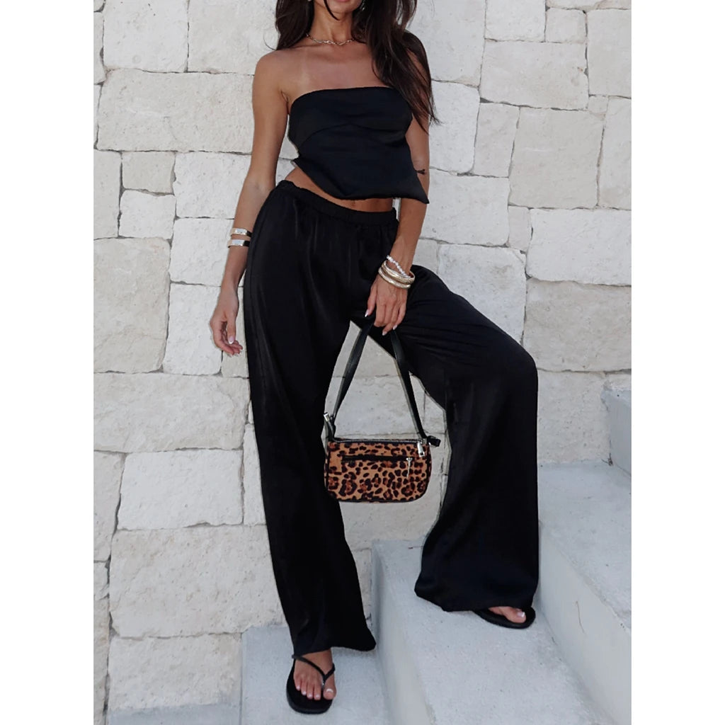 Elegant Satin Strapless Backless Crop Top And Elastic Waist Pants Set For Women