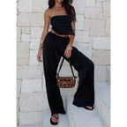 Elegant Satin Strapless Backless Crop Top And Elastic Waist Pants Set For Women