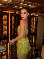 Beaded Sequin Two Piece Set Sleeveless Backless Crop Top And Mini Skirt Glam Outfit