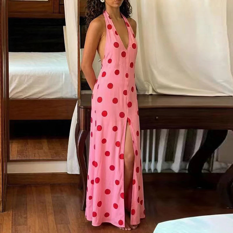 Bohemian Backless Halter Dress With Floral Print And Hollow Detailing