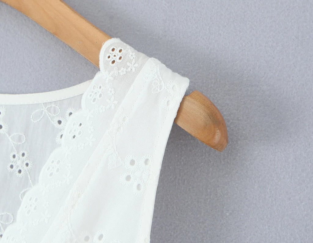 White Embroidered Lace V Neck Mini Dress With Hollow Out Detail And Back Zipper Closure
