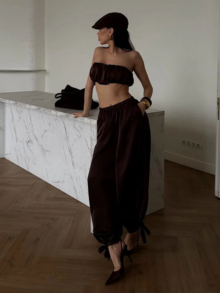Women's Trousers 2 Pcs Suits Pleated Spaghetti Strap Cropped Tube Tops Elastic Waist Lace Up Pants