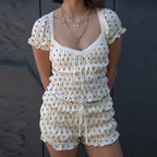 Vintage Ruffled Loungewear Set With Dot Print Top And Shorts Cozy Scoop Neck
