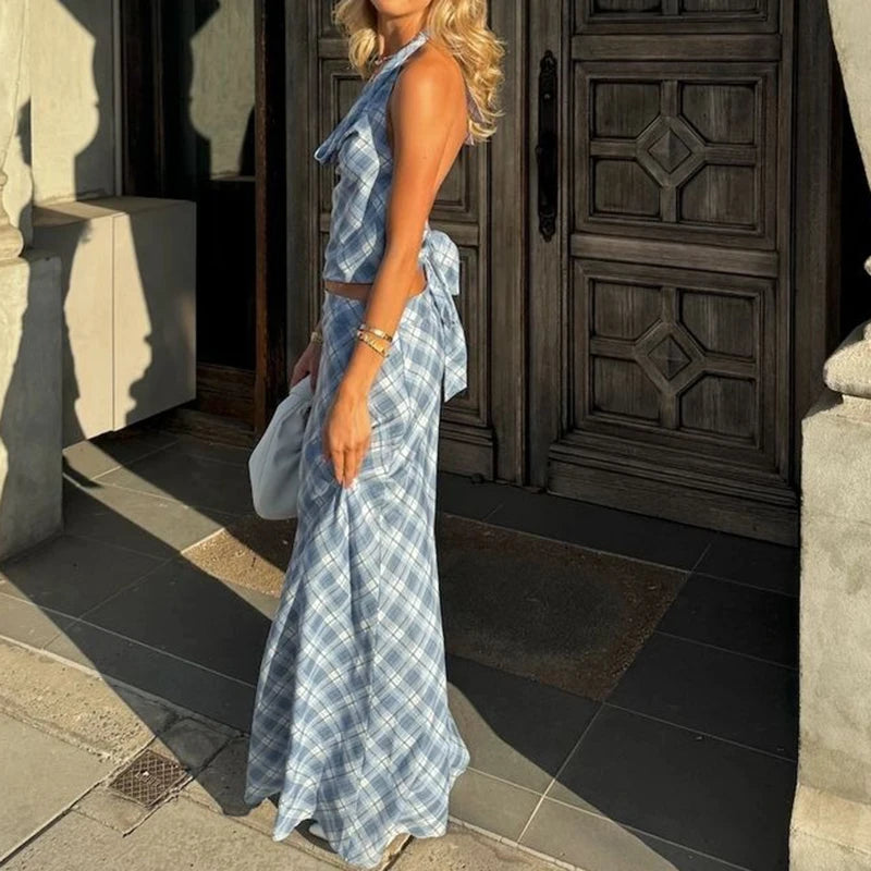 Cowl Neck Backless Crop Top With Vintage Plaid Halter