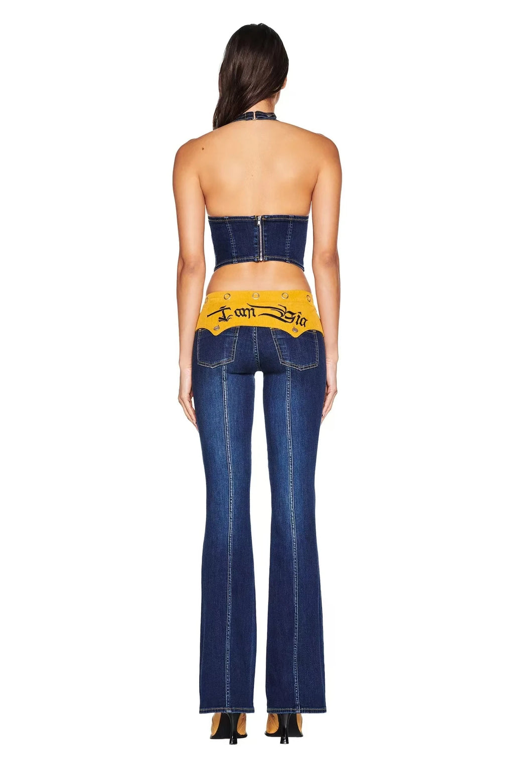 L Corduroy Panel Denim Halter Bustier Top + Flare Jeans