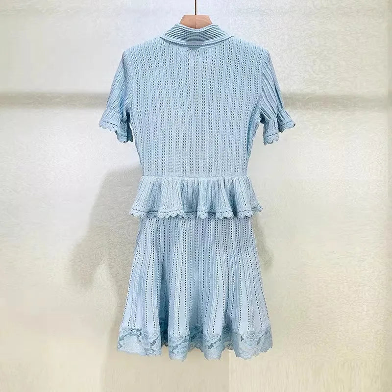 Lace Patchwork Dress With Ruffle Layers And Short Sleeves