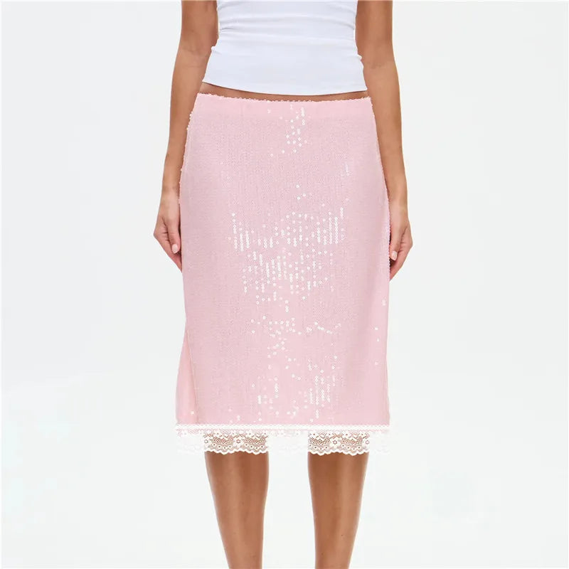 Glam Sparkle Pink Sequin Midi Skirt With Sheer Mesh Lining And Lace Trim Hem