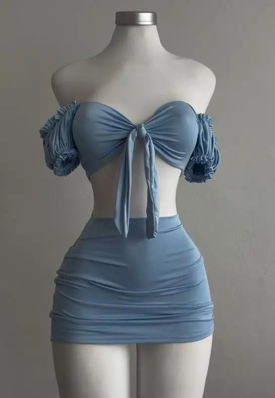 Alluring Two Piece Set With Wrapped Hip Skirt And Hollowed Pleated Puff Sleeves