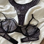 French Ultra Thin Lace Floral Lingerie Set With Plunge Mesh Bra And Matching Thong