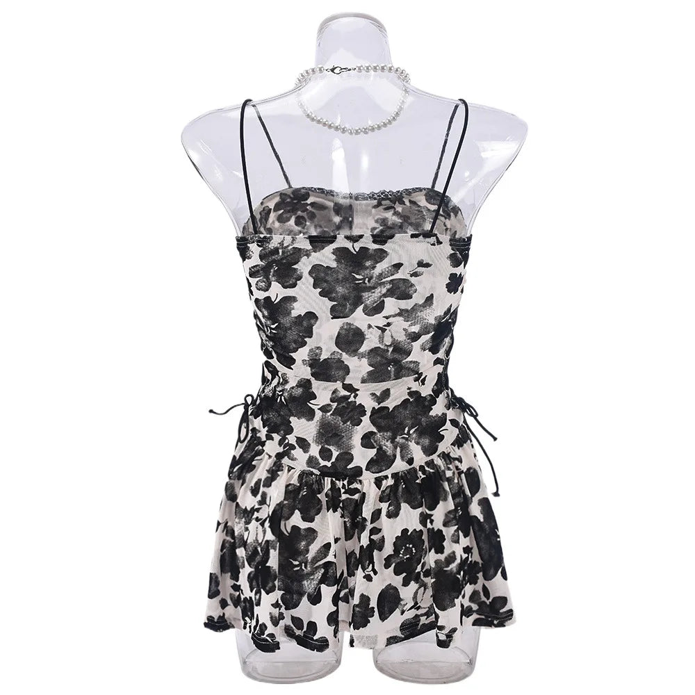 Floral Print Strapless Mini Dress With Ruffles Sleeveless Above Knee