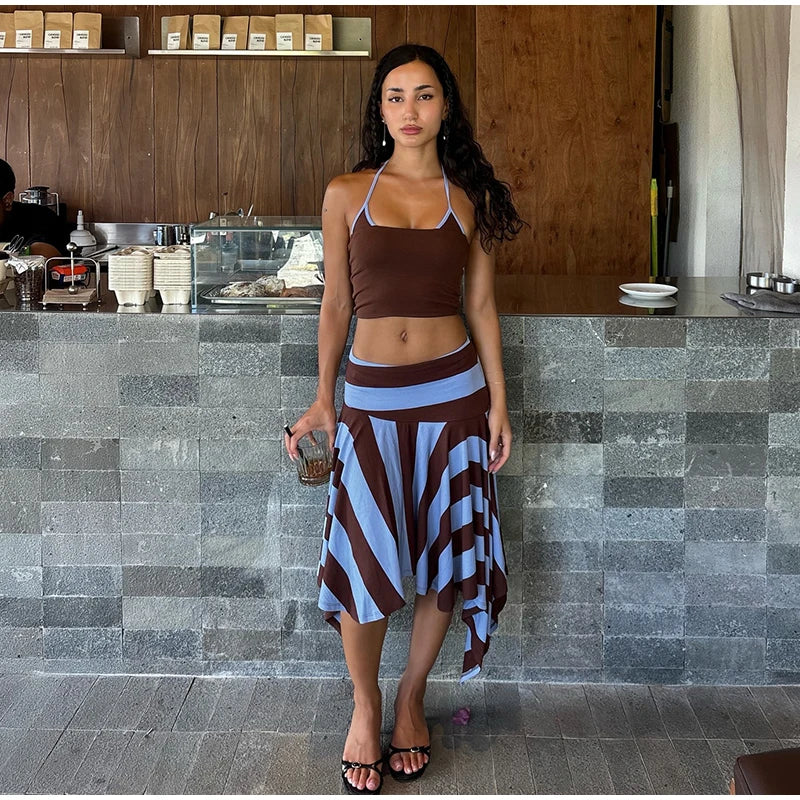 Striped Midi Skirt With Asymmetric Pleated Hem For Women Casual Style Flattering Low Rise