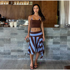 Striped Midi Skirt With Asymmetric Pleated Hem For Women Casual Style Flattering Low Rise