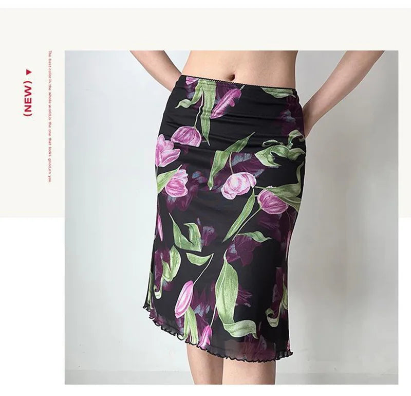 Vintage Floral Mesh High Waist Midi Mermaid Skirt