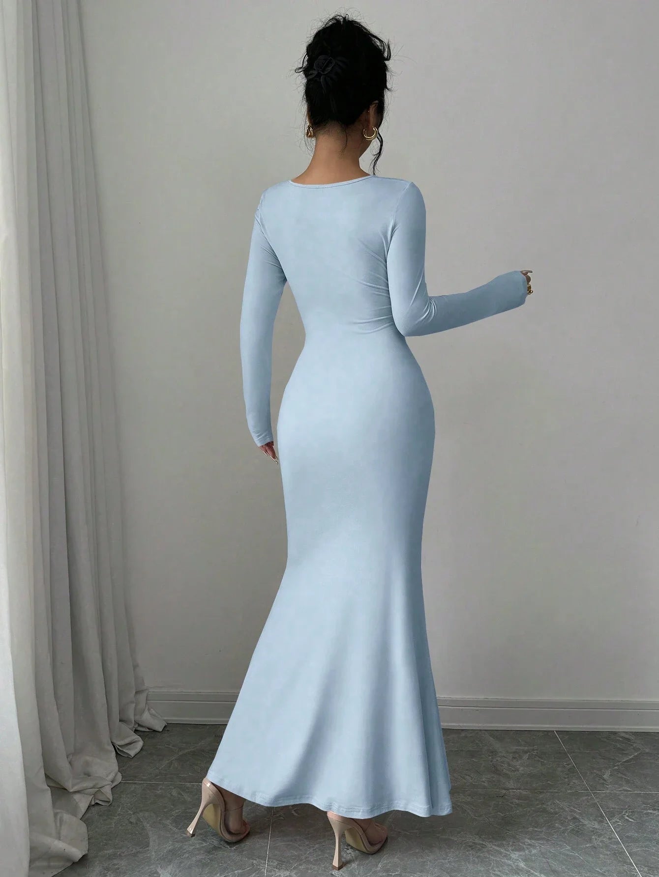 Retro Square Collar Dress With Long Sleeves In Solid Color